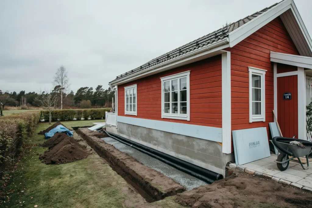 dr nering av husgrund med nya dr neringsr r och isolerskivor i tungelsta v sterhaninge